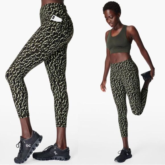 Sweaty Betty Power 7/8 Workout Leggings Leopard Print Green Side Pocket Small - Picture 1 of 9